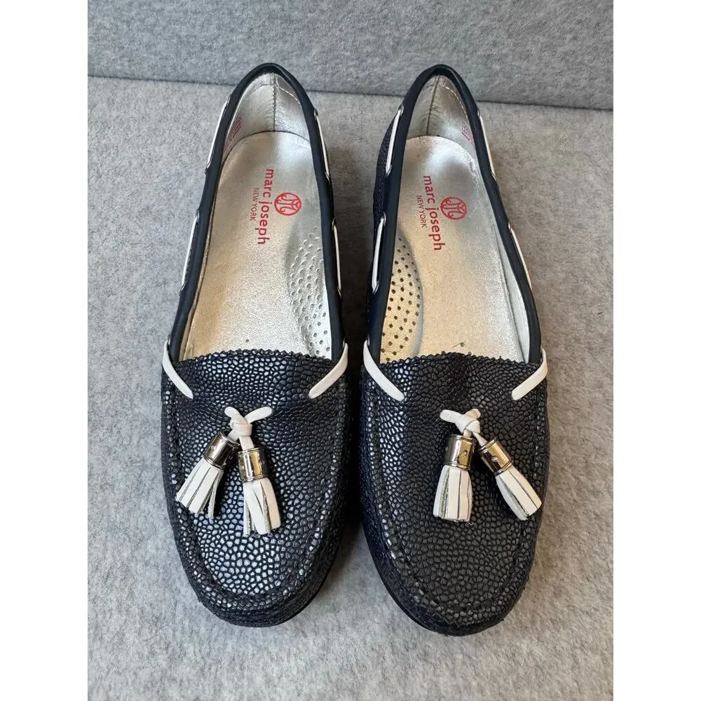 Marc Joseph New York Navy Pebbled Leather Hand Stitched Golf Moccasins  – Size 6